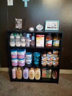 a shelf filled with lots of different types of food