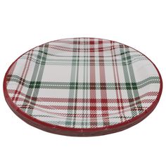 a red and green plaid plate on a white background