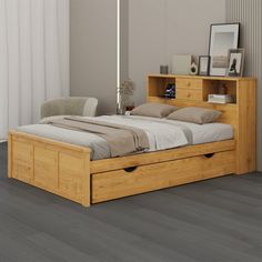 a bedroom with a bed, bookcase and dresser in the corner next to a window