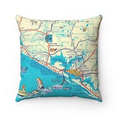 a blue pillow with a map on it