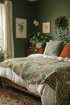 a bed sitting next to a window in a room with plants on the wall above it