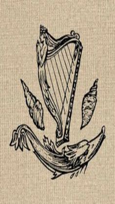 a drawing of a harp with leaves on it