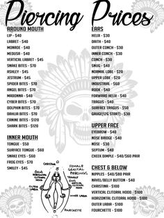 the pricing sheet for an event with skulls and flowers in black ink on white paper