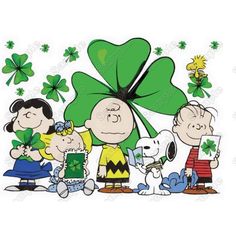 a group of cartoon characters standing next to each other in front of a shamrock leaf