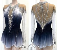 two pictures of the back and front of a figure skating dress with sequins on it