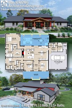 two story house plan with 3 beds and 2 baths in the front, an open floor plan