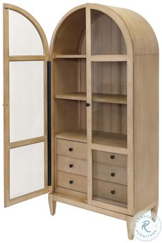 an arched wooden cabinet with drawers and shelves