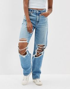 A loose, straight leg with extra length to stack at the ankle, in our highest rise. American Eagle Straight Leg Jeans, American Eagle Jeans Ripped, Ripped Baggy Jeans, Baggy Ripped Jeans, Bold Outfits, Drippy Outfit, Womens Ripped Jeans