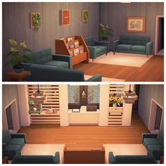 two pictures of a living room with couches and chairs