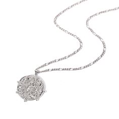 description This necklace features a Sterling Silver coin pendant on a Figaro chain. Layer with necklaces from our Patented O collection. end description details Pendant Diameter 0.6in (1.5cm) Figaro chain, 2mm Adjustable chain: 17-19in (44-48cm) When layered, chain length is: 17-21in (44-53cm) Learn more end details materials Sterling Silver Spring clasp closure Hypoallergenic, lead and nickel free end materials sku #290S end sku Layered Chain, Figaro Chains, Figaro Chain, Silver Coin, Silver Spring, Coin Necklace, Coin Pendant, Silver Coins, Sterling Silver Pendant