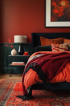 an orange and black bedroom with red walls