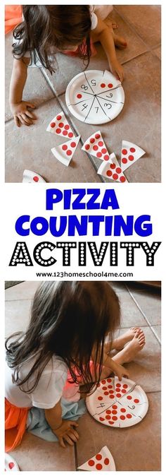 two pictures with the words pizza counting activity on them and an image of a child playing with