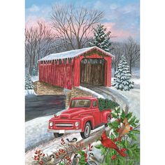 a painting of a red truck parked in front of a covered bridge with christmas decorations