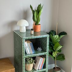 a green shelf with books and plants on it