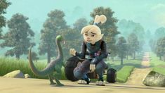 an animated character sitting on top of a dinosaur next to a road with trees in the background