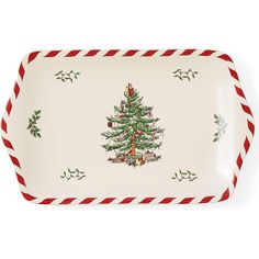 a white platter with a christmas tree on the front and red stripes around it