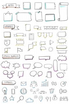 a bunch of different hand drawn speech bubbles and arrows on a sheet of lined paper