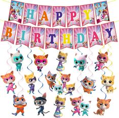 a birthday banner with littlest pet shop characters on it and streamers in the shape of happy birthday