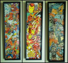 three framed comics are hanging on the wall