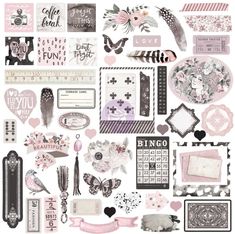 a bunch of stickers that are in the shape of hearts and other things on a white