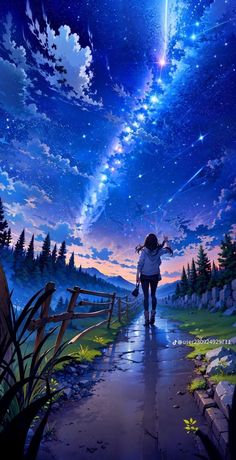 a woman walking down a path under a night sky filled with stars and shooting comets