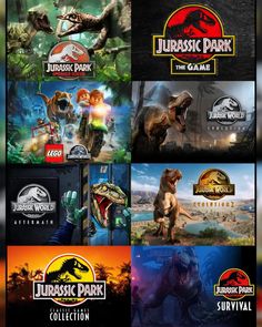 several different logos for various games and their names are shown in this image, including dinosaurs