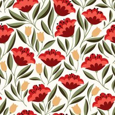 red flowers and green leaves on a white background seamless wallpaper pattern stock photo