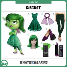 Dress like Disgust from Inside Out with our step-by-step costume guide. Click to discover everything you need to recreate this look! Diy Disgust Costume Inside Out, Dressing Up As Inside Out Characters, Disgust Inspired Outfits, Diy Envy Costume Inside Out, Inside Out Disgust Outfit, Disgust Inside Out Halloween Costume, Family Inside Out Costumes, Kids Book Week Costumes, Disgust Inside Out Outfit