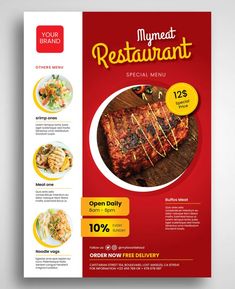 a restaurant menu with an image of steaks on the grill and other food items