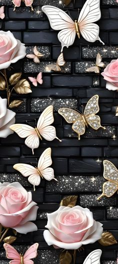 pink roses and gold butterflies against a black brick wall with glittered stars in the background