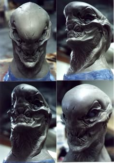 four pictures of an alien head with multiple angles to show it's face and neck