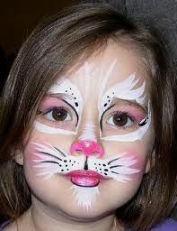 Homemade Face Paints Ingredients: 1 tsp corn starch 1/2 tsp water 1/2 tsp cold cream 2 drops food coloring Directions: Mix ingredients well. Let set for at least 15 minutes and stir again. Store in... Bunny Face Paint, Easter Face Paint, Kitty Face Paint, Obličejové Masky, Halloweenský Makeup, Cute Cat Face, Kids Face Paint, Face Painting Halloween, Face Painting Designs