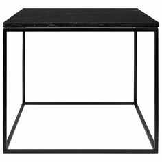 a black marble top side table with metal frame and square base, against a white background