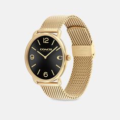 With clean lines and a modern minimalist sensibility the Elliot is a true design classic ready for workdays and weekends. Finished with a sleek mesh bracelet this gold tone round watch features a sunray dial detailed with a mix of numerical and stick markers and our Signature marker at 3 o’clock. | Coach Elliot Watch, 41 Mm - Gold/black Modern Gold Watch For Work, Modern Gold Watches For Work, Minimalist Gold Watches For Work, Gold Watch With Metal Dial For Work, Minimalist Gold Watches Suitable For Work, Gold Everyday Watch With Analog Display, Gold Watch With Analog Display For Work, Gold Analog Watch For Workwear, Gold Analog Watch For Everyday