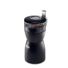 a black coffee grinder with beans in it