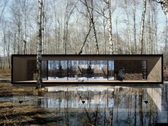 a house in the middle of a forest with trees around it and water on the ground