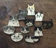 a group of black and white cats sitting on top of a wooden table next to each other