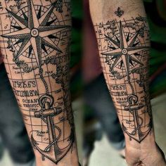 two people with tattoos on their arms and legs, both have compasss tattooed on them