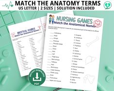 two matching worksheets to match the anatomy items used in nursing games for kids