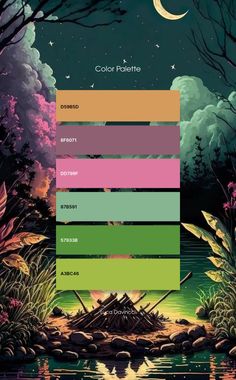 the color palette for an art project with trees, water and moon in the background