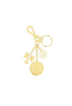 a gold keychain with charms on it and a rose charm hanging from the front