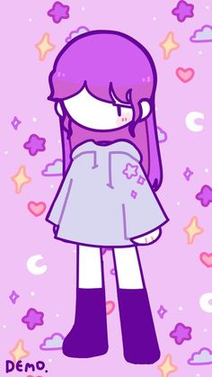 a cartoon girl with purple hair wearing a dress and boots, standing in front of stars