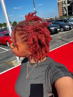 Colored Starter Locs, Red Locs Hairstyles, Red Starter Locs, Afropunk Futurism, Red Locs Black Women, Loc Colors, Red Locs, Red Dreads, Loc Goddess