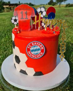 a birthday cake with soccer balls on it