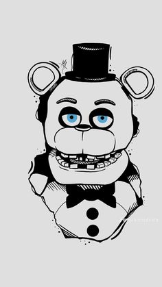 a black and white drawing of a teddy bear wearing a top hat with blue eyes