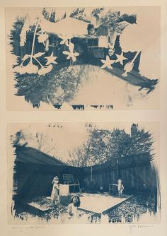 two old black and white photographs of children playing in the yard