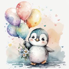 a little penguin holding some balloons and flowers