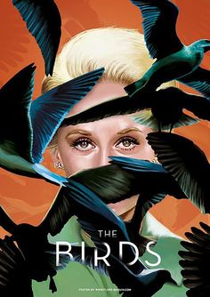 a woman surrounded by birds with her eyes wide open and the words'the birds'in front of her face