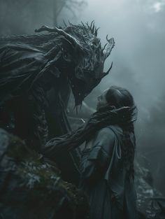 a woman standing next to a giant creature in the woods with her hair blowing back