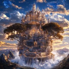 a castle in the sky with trees on top and clouds around it, surrounded by mountains